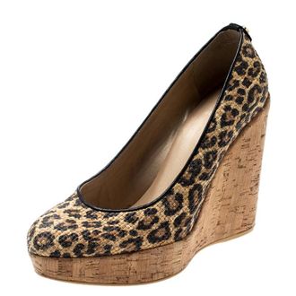 Stuart Weitzman Beige/black Leopard Print Raffia Platform Wedge Pumps