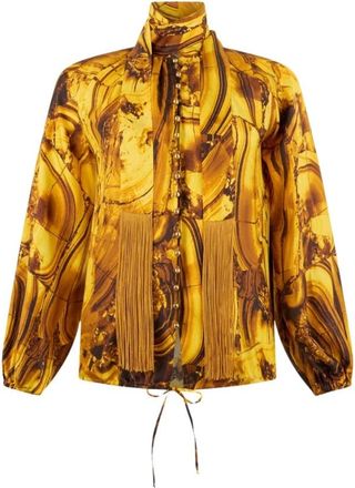 Roberto Cavalli Tigereye Print Silk Shirt - Dames - Blouses - Geel - M - Overhemden