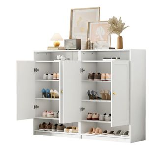STILVORA Mueble Zapatero Con 2 Puertas, Estantes Ajustables Y Huecos Abiertos Para Entrada, En Tablero De Part&iacute;culas, 146&times;34&times;109 Cm, Blanco
