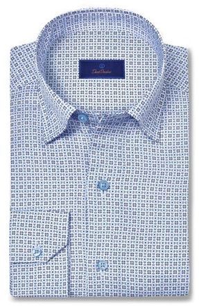 David Donahue Geometric Print Cotton Sport Shirt in White/Blue at Nordstrom Rack, Size Small