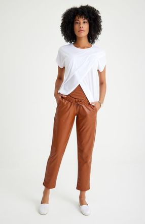 Accouchée Comfy Cool Foldover Waistband Faux Leather Jogger Pants in Toffee at Nordstrom, Size X-Large Eu
