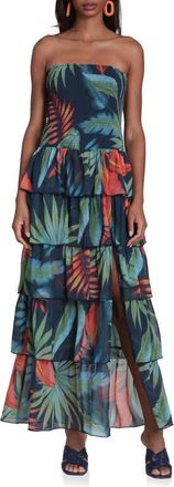 Avec Les Filles Mixed Print Strapless Tiered Maxi Dress in Navy Birds Of Paradise at Nordstrom, Size X-Small