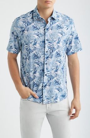 Robert Barakett Keneth Leaf Print Short Sleeve Stretch Cotton Button-Up Shirt in Washed Blue at Nordstrom, Size Xx-Large