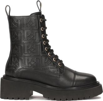 Kazar Leren laarzen met reli&euml;f monogrammen - Dames - Veterlaarzen - Zwart - 40 EU - Leer - Schoenen