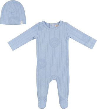 Fragile Romper 1x1 Rib Striped Horse Print with Matching Hat in Ice Blue at Nordstrom, Size 3M