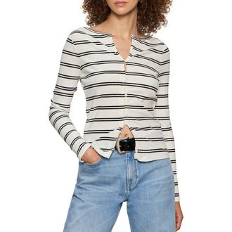 Sanctuary Stripe Button Front Long Sleeve Rib Top in Chalk White/Black Stripe at Nordstrom, Size X-Small