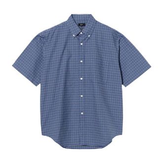 Beams Plus Oxford Button Down Shirt - Heren - Korte mouwen Overhemden - Blauw - L - Katoen - Overhemden