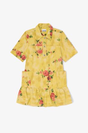 Ganni Vibrant Yellow Dress in Printed Denim - Size 10/12 Organic Cotton