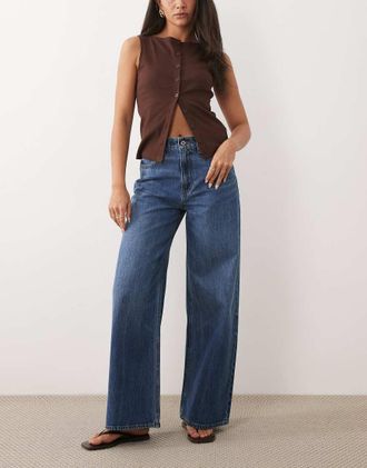 Abercrombie & Fitch Jeans a vita alta e fondo ampio lavaggio scuro-Blu