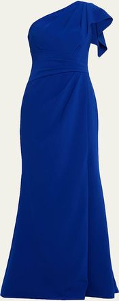 Teri Jon Pleated One-Shoulder Stretch Crepe Gown