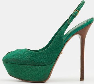 Sergio Rossi Green Canvas Cachet Peep Toe Platform Slingback Sandals