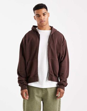 Cotton On Felpa taglio corto color quercia slavato con cappuccio e zip-Marrone