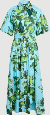 Karen Millen Womens Lime Print Cotton Puff Sleeve Woven Midi Shirt Dress With Dropped Waist Detail - Multicolour - Size 12 UK