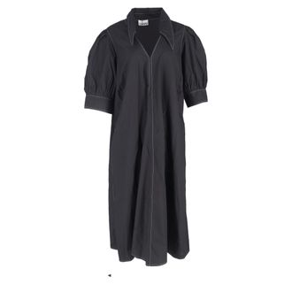 Ganni Ganni V-Neck Puff-Sleeved Poplin Maxi Dress in Black Cotton