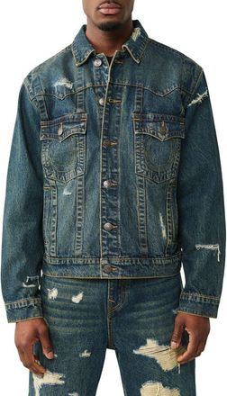 True Religion Jimmy Destroyed Oversize Denim Jacket in Rusted Denim Dark Wash at Nordstrom, Size Xx-Large