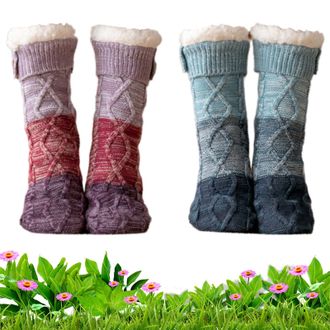 Generic Knitted Ultra-Thick Slipper Home Socks, Tri-color Knit Patchwork Non-Slip Warm Winter Socks for Women (Purple+Blue,One Size)