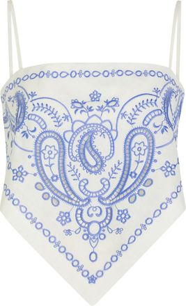 Self Portrait Embroidered Linen-blend Bandana top - White And Blue - 16 (UK16 / XL)