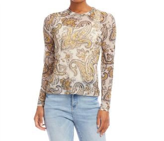 Karen Kane Preeti Paisley Long Sleeve Mesh Top In White Multi