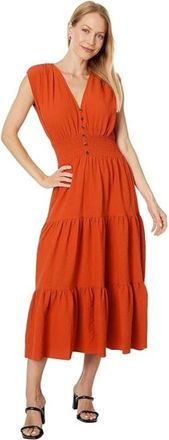 Calvin Klein Gauze Midi Dress Women Clay Stretch Tiered V-Neck A-Line FROG338