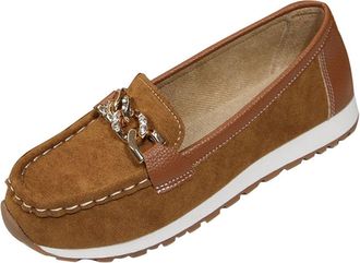 Generic Loafers for Women Slip On Casual Walking Shoes Solid Color Classic Non-Slip Metal Chain Breathable Comfortable Dressy Flat Shoes Work Holiday Brown