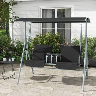 OUTSUNNY 2 Seater Garden Swing Chair w/ Tilting Canopy, Drink Tray & Storage Bag, Black