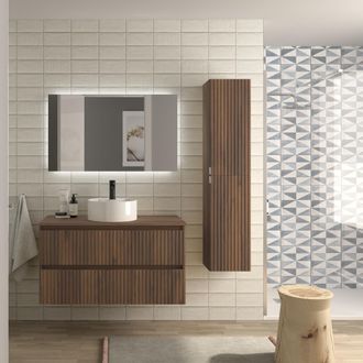 Cygnus Bath Mueble De Ba&ntilde;o Kira 100cm Nogal 2 Cajones Lavabo Sobre Encimera 1 Poza Porcelana