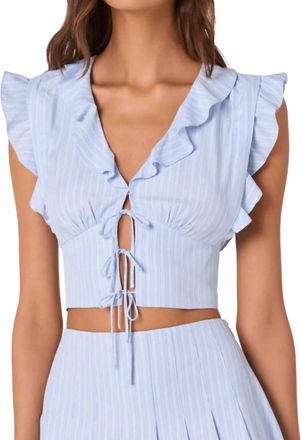 Astr Zira Ruffle Trim Tie Front Top In Blue Stripe