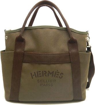 Herm&egrave;s Khaki Canvas Tote Bag (Pre-Owned)