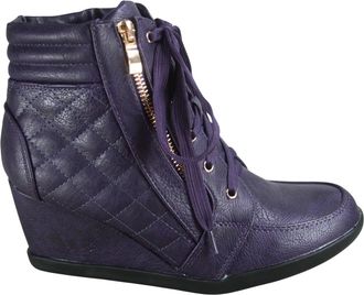 Forever Link Womens Fashion Glitter High Top Lace Up Wedge Sneaker Shoes, Purple Pu, 4.5 UK