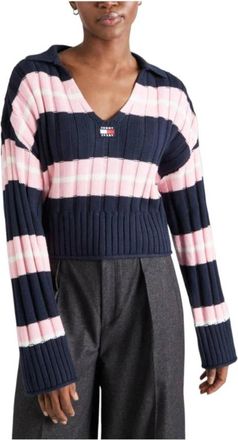Tommy Hilfiger Gestreept Boxy Crop Jersey - Dames - V-hals truien - Blauw - L - Truien & Vesten