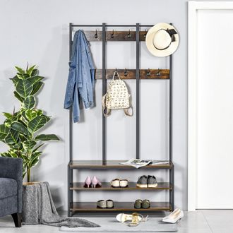 HOMCOM Coat Rack Stand - Free Standing Hall Tree - Coat Stand with Hooks - Bench and Shoe Rack - 100cm x 40cm x 184cm - Industrial Style - Rustic Brown and B