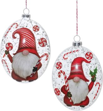 Melrose International Glass Peppermint Gnome Disc Ornament (Set of 12) - Red, White