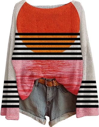 Generic Womens Art Print Casual Pullover Sweater Knitted Pullover Sweater for Women Fashion Long Sleeve Crewneck Blouse Winter Warm Layer Top Mean Sweatshirts