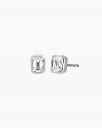 EF Collection Womens Bezel Set Emerald Cut Diamond Stud Earring In 14K White Gold