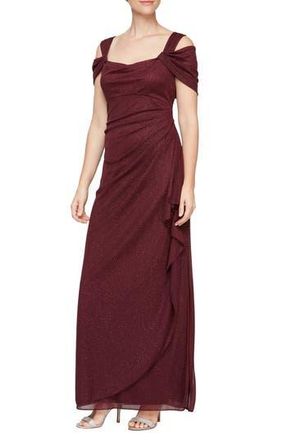 Alex Evenings Cold Shoulder Ruffle Glitter Chiffon Gown in Fig at Nordstrom Rack, Size 16
