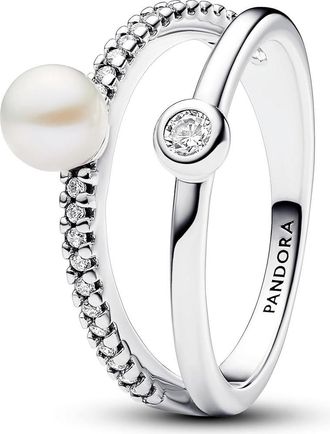 Pandora Treated Freshwater Cultured Pearl & Pave Double Band Ring