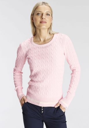 DELMAO Rundhalspullover DELMAO, Damen, Gr. 36/38, rosa, Feinstrick, Obermaterial: 100% Baumwolle, Zopfmuster, bestickt, unifarben, sehr figurbetont h&uuml;ftlang,