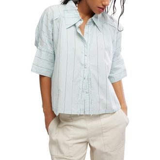 Free People Seaside Stripe Cotton Shirt in Sky Combo at Nordstrom, Size X-Large