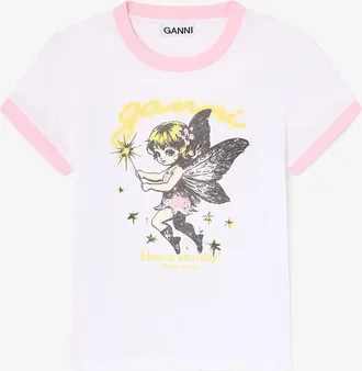 Ganni White Baby Fit T-shirt with Fairy - Size XS Organic Cotton