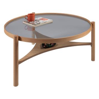Dmora Mesa De Centro Canterano, Un Compartimento, Cristal Templado, Forma Redonda, 100x100x46h Cm, Roble Marr&oacute;n