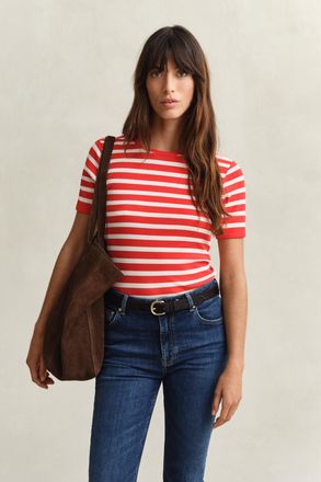 GANT Women Striped Rib T-Shirt (XXL) PERFECT RED