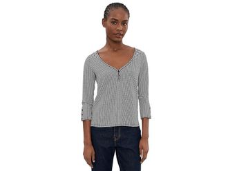 Liverpool L.A. Petite Button Sleeve Henley Knit Top Womens Clothing Black/White Stripe : PXL, Elastane/Polyester/Viscose