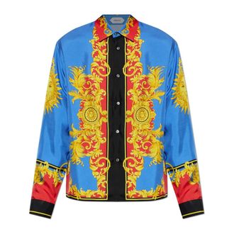 Versace Casual Shirts, male, Multicolor, Size: 2XL Silk shirt with The Sun print