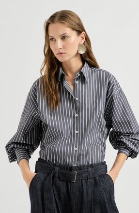 Brunello Cucinelli Striped cotton poplin shirt in Denim at Nordstrom, Size Xxx-Large
