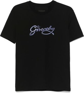 Givenchy Tops, Dames, Zwart, S, Katoen, Snake Logo T-shirt met ronde hals