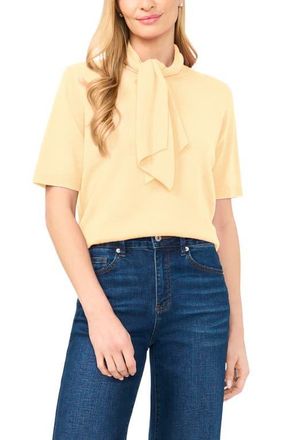 CeCe by Cynthia Steffe Tie Neck Short Sleeve Sweater in Soft Yellow at Nordstrom, Size X-Large