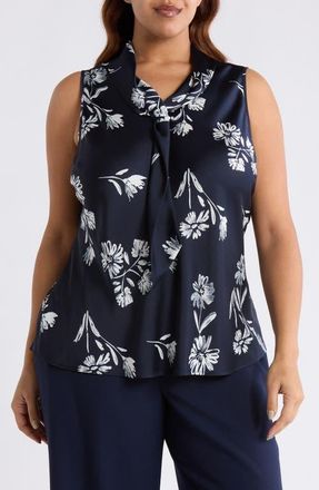 Tahari by ASL Floral Tie Neck Sleeveless Satin Top in Navy Ivory at Nordstrom, Size 3X