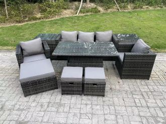 Fimous Wicker PE Rattan Garden Furniture Sofa Set Outdoor Adjustable Rising Lifting Dining Table Set in Dark Grey