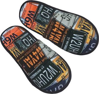 Generic Home Slipper Retro Auto License Plates Pattern Warm Slipper Comfortable Fluffy Slippers Non-Slip Scuff Slippers For Bedroom Travel Party L
