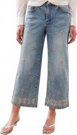 Tribal Audrey Hugging Wide Crop Jeans With Embroidery & Beads In Sweetblue-2499
